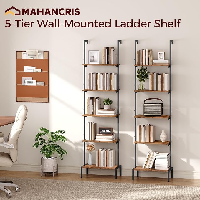 MAHANCRIS Ladder Shelf, 5-Tier Bookshelf, Ladder Bookcase with Wall Mount, Heavy Duty Industrial Style Storage Rack for Living Room, Office, Kitchen, Bedroom, Rustic Brown and Black LSHR5501
