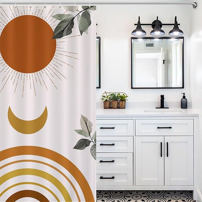 Boho Mid Century Shower Curtain,Green Nature Leaf Sun Modern Minimalist Bathroom Curtain Polyester Waterproof Fabric Decor 72x72in（183x183cm）
