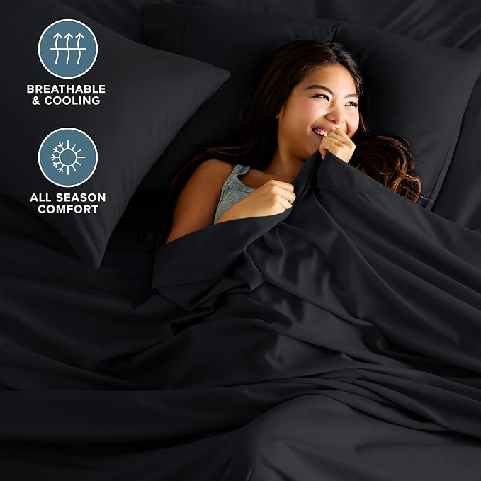 Bare Home Short Queen Sheet Set - 1800 Ultra-Soft Microfiber Bed Sheets - Double Brushed - Deep Pockets - Easy Fit - 4 Piece Set - Bedding Sheets & Pillowcases (Short Queen, Black)