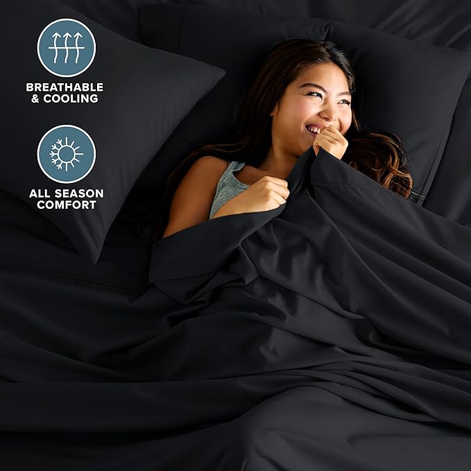 Bare Home Split Head Flex King Sheet Set - 1800 Ultra-Soft Microfiber Bed Sheets - Double Brushed - Deep Pockets - Easy Fit - 4 Piece Set - Bedding Sheets & Pillowcases (Black)