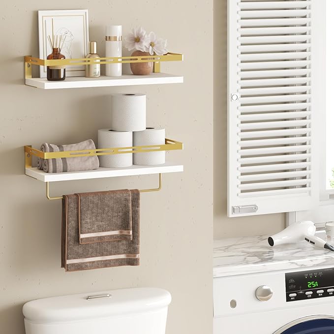 YGEOMER Floating Shelves for Bathroom Organizer Over Toilet, Wall Mounted Bathroom Shelves with Towel Bar, Wall Shelf for Bedroom Kitchen Living Room Storage (White-Gold)