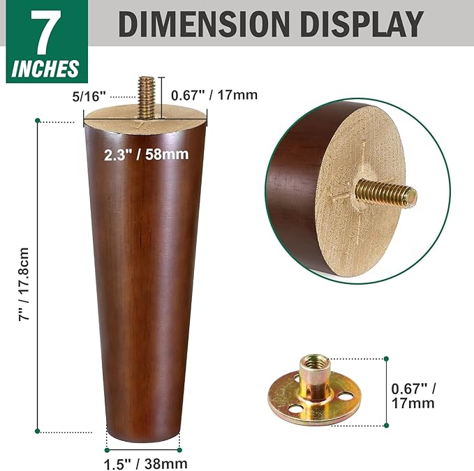 FoDau770 Brown Rubber Wood Furniture Legs 7 Inches, Straight Tapered Wood Feet Mid Century Sofa Legs Set of 4, 5/16" UNC Furniture Feet Replacement Parts for Cabinet Couch Dresser Chair Ottoman Table