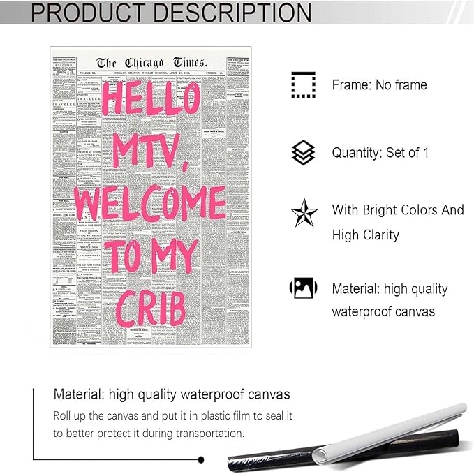 Drimiler Retro Hello Mtv Welcome To My Crib Posters Pink Font Newspaper Canvas Wall Art Positive Affirming 70'S Room Aesthetic Prints Painting For Home Bedroom Dorm Wall Decor 12x16in Unframed