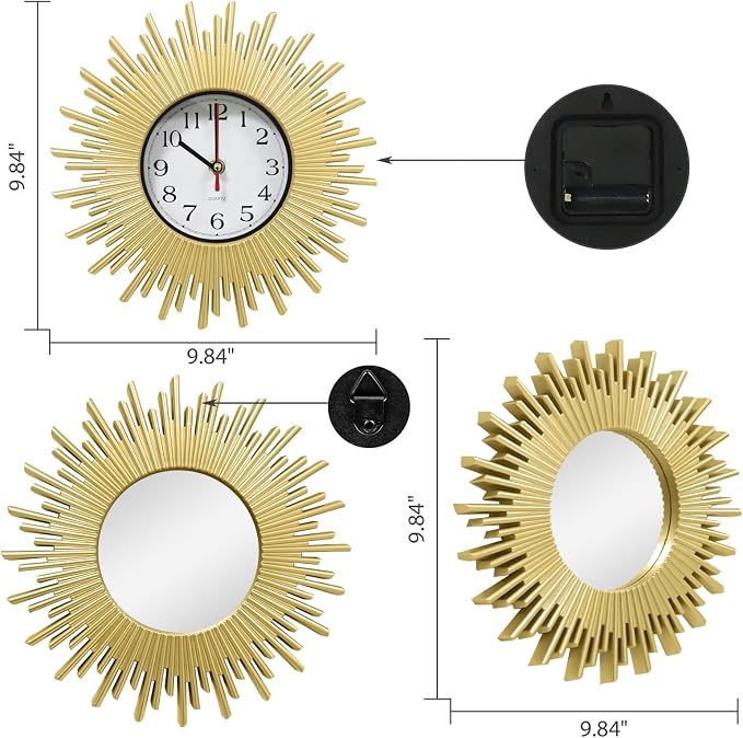3 Pcs Gold Retro Sunburst Wall Decor Set, 9.8 Inch Round Clock & Mirror Wall Art, Vintage Sunburst Style Decor for Living Room Bedroom Bathroom, Lightweight & Easy to Install