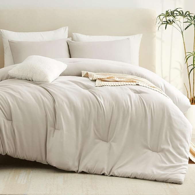 CozyLux Oversized King Comforter Set Beige, 3 Pieces 120"x98" Lightweight Down Alternative Quilted Bedding Sets, All Season Soft Breathable Solid Comforter with 2 Pillowcases, Bed Set Gift for Home