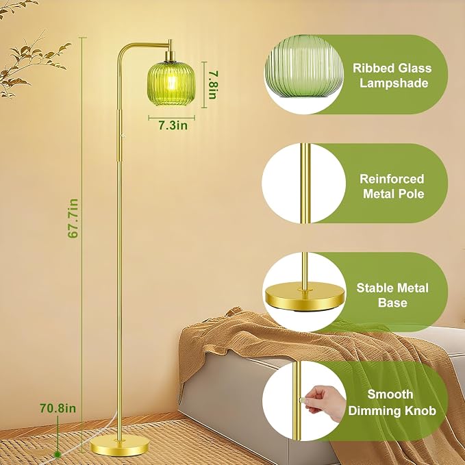 Vinaco Glass Arc Floor Lamps for Living Room, Brused Gold Floor Lamp with Ribbed Glass Shade, Dimmable Tall Lamps with Rotary Switch, Modern Standing Lamp with Bulb Included for Bedroom, Study Room