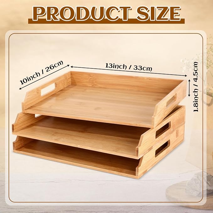 AceOrbit 3 Pcs Stackable Paper Tray Bamboo Wood Desk Organizer Letter Tray 3 Tier Wooden File Organizer Desk Shelf for Documents, Letter Sorter, Envelopes and Magazine Holder