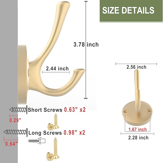 TOFIIGREM Gold Wall Hooks, 5 Pack Coat Robe Hook Heavy Duty Metal Double Bath Hook Wall Mounted, Hand Towel Hooks for Cubicle Bathroom Kitchen Closet Garage