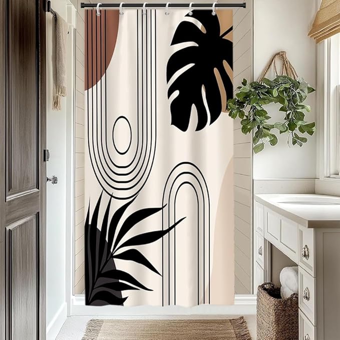 Modern Bohemia Bathroom Curtain Beige Abstract Minimalist Bathroom Decor Set Stripes Arch Sun Palm Leaves Chic Aesthetic Washable Waterproof Polyester Fabric with Hooks 36x72 Inch
