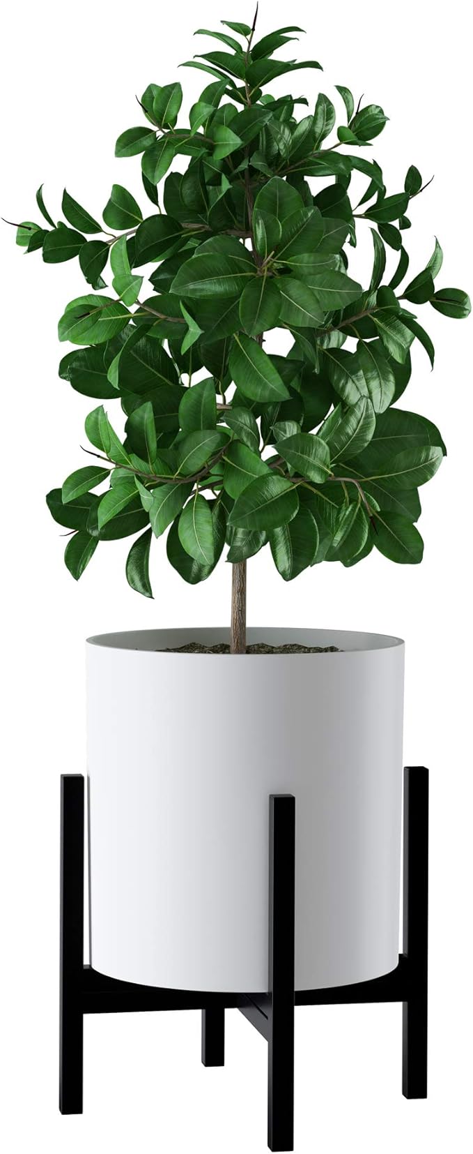 FaithLand 12-Inch White Planter & Mid-Century Plant Stand Bundle