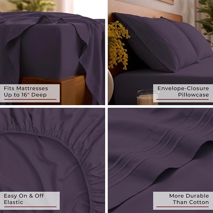 Mellanni Twin XL Sheets Set - 3 PC Iconic Collection Bedding - Hotel Luxury, Extra Soft, Cooling Bed Sheets - Wrinkle, Fade, Stain Resistant (Twin Extra Long, Purple)