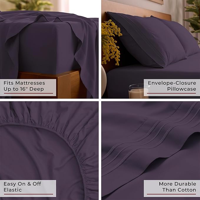 Mellanni Twin Sheets Set - 3 PC Iconic Collection Bedding - Hotel Luxury, Extra Soft, Cooling Bed Sheets - Wrinkle, Fade, Stain Resistant (Twin, Purple)