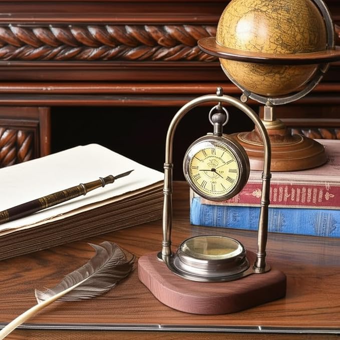Personalized Victorian Brass Desk Clock with Integrated Working Compass - Vintage Tabletop Nautical Timepiece for Home/Office Decor, Engraved Bronze Luxury Office Decor