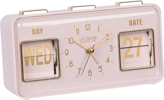 La Crosse Clock 636-379P Daily Flip Pink Tabletop Alarm Clock with Calendar