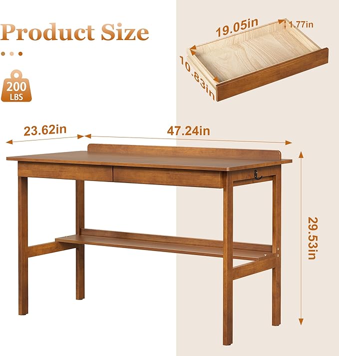 Solid Wood Writing Desk with Drawers, 47" Mid Century Modern Desk, Vintage Home Office Computer Desks and Storage Shelf, Wooden Study Table for Bedroom Small Spaces, Study Makeup Workstation, Walnut
