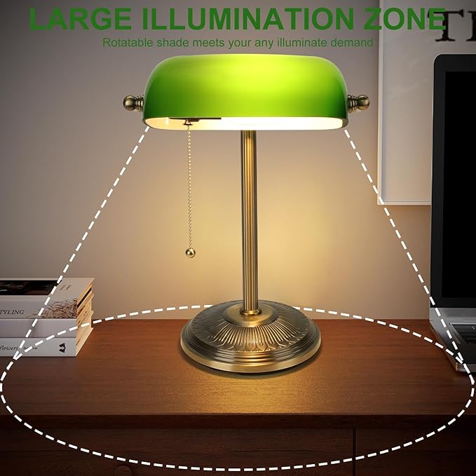 NISSAFORS Bankers Desk Lamp, Green Glass Shade, Vintage Desk Lamp with Pull Chain Switch, Retro Table Lamps for Home Office (Brass+Green, Small)