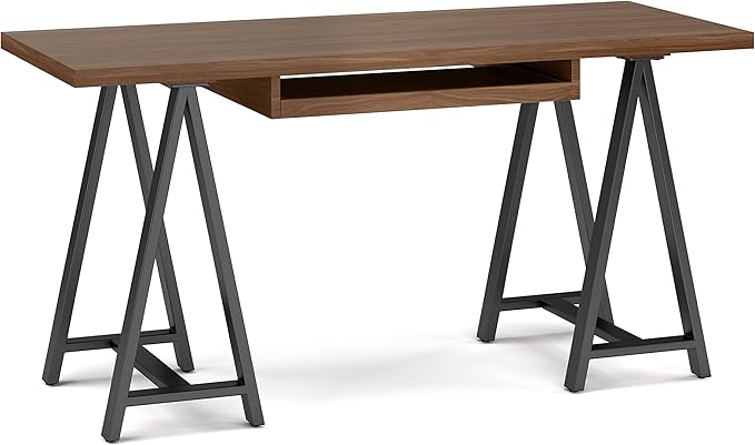 SIMPLIHOME Sawhorse Industrial 60 inch Wide SOLID WALNUT WOOD and Metal Desk in Walnut for the Office Desk, Writing Table, Workstation and Study Table