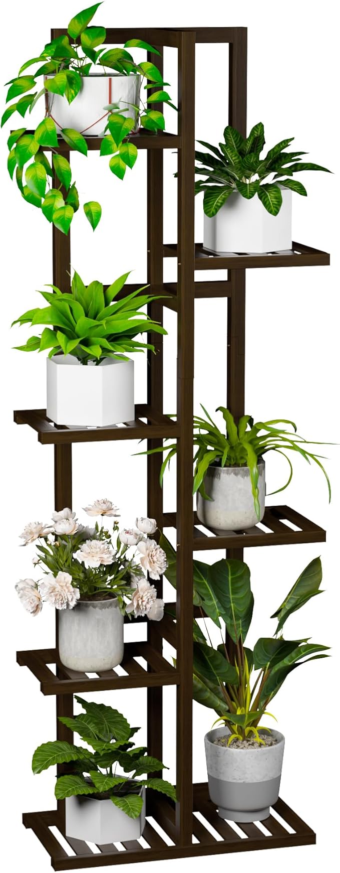 ROMGUAR CRAFT 6 Tier Bamboo Plant Stand Indoor, Wood Tall Flower Holder Corner Tiered Plant Shelf for Multiple Plants (Brown)