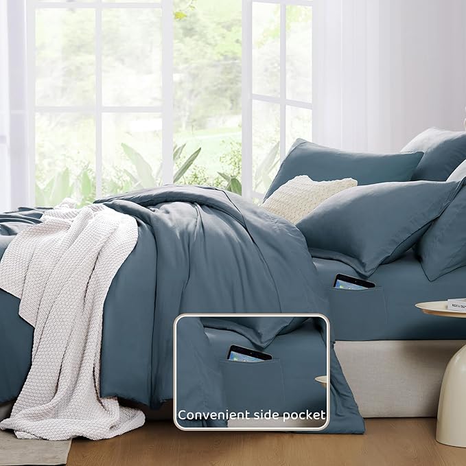WRENSONGE Full Size Comforter Sets, 7 Pieces Oxford Blue Bed in a Bag with Fitted Sheet, Flat Sheet, 2 Pillow Shams, 2 Pillowcases, Warm Bedding Sets for All Season