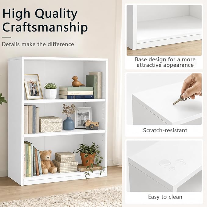 Wooden 3-Tier Bookshelf, Adjustable Open Storage Shelf Unit, 31.5" Tall Bookcase（White）