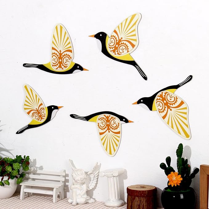 KOYILTD 5 Piece Bird Wood Wall Sculptures Wooden Wall Art Decor Scandinavian Home Decorations Flying Bird Wall Decor Farmhouse Wall Art for Home Living Room Bathroom Dining Room (Yellow)