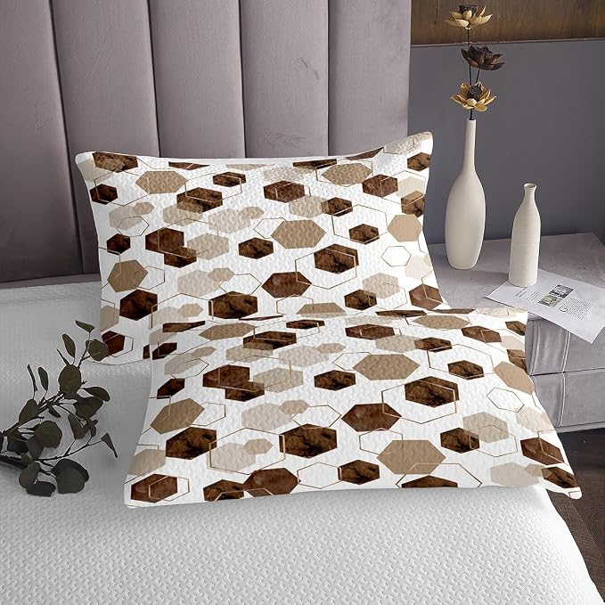 Erosebridal Brown Geometric Quilt Set | Royal Blue Modern Abstract Kids Coverlet Set Geometric Marble Art Bedspread Sets Twin | Watercolor Hexagon Print Bedding Sets for Men Women