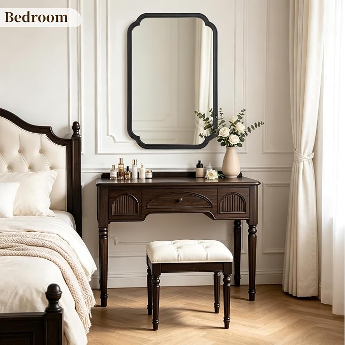HOMECOOKIN Wood Bathroom Mirror for Wall Decor Arched Rounded Corner Rustic Wood Frame Wall Mirror Home Decorative for Vanity, Living Room, Bedroom, Entryway (24 x 36 inch, Black)