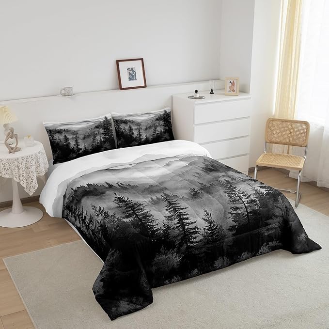 Erosebridal Black White Misty Forest Toddler Bedding Set Jungle Smoky Mountain Comforter Set Nature Foggy Pine Tree Down Comforter for Kids Teens Rustic Nature Woodland Bed Set Bedroom Decor
