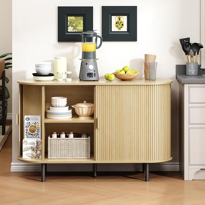 Buffet Cabinet with Storage, Fluted Sideboard Buffet with Sliding Door, Coffee Bar Cabinet with Adjustable Shelf, Console Table, Accent Table for Entryway, Kitchen (Oak, 48 Inch)