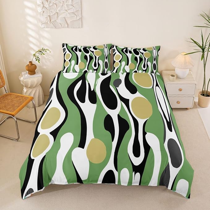 Erosebridal Organic Geometric Duvet Cover Set Modern Abstract Queen Bedding Set for Youth Boys Retro Mid Century Comforter Cover Modern Fluid Art Irregular Circles Bed Sets,Sage Green Khaki