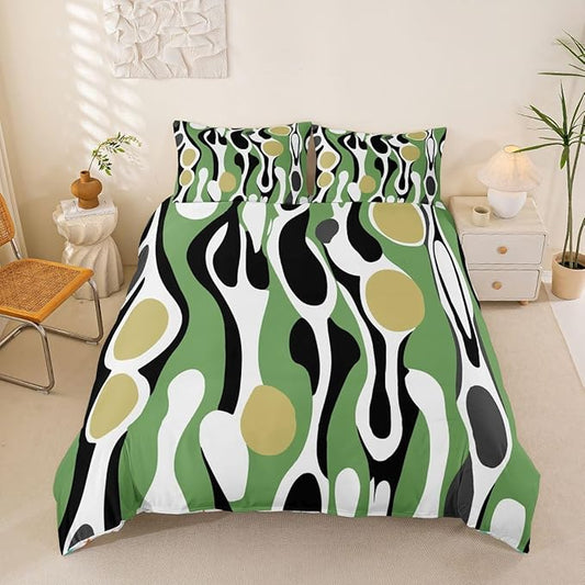 Erosebridal Organic Geometric Duvet Cover Set Modern Abstract Queen Bedding Set for Youth Boys Retro Mid Century Comforter Cover Modern Fluid Art Irregular Circles Bed Sets,Sage Green Khaki