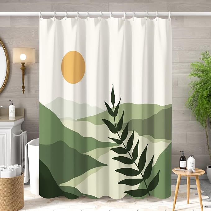 Boho Mid Century Shower Curtain Modern Abstract Sun Tropical Leaves Bathroom Curtain Set Neutral Minimalist Plant Waterproof Fabric Bath Decor with Hooks 60x72 inch