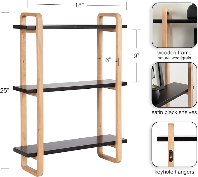 Kate and Laurel Summit Modern Three-Tier Wall Shelf, 18 x 6 x 25, Black and Natural Wood, Transitional Decorative Multi-Tiered Storage Shelf Wall Organizer for Decor and Display