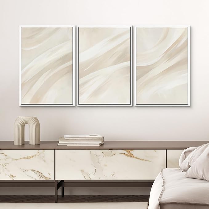 SIGNWIN Framed Canvas Print Wall Art Set Abstract Beige Flow Neutral Brushstroke Illustrations Modern Art Decorative Boho Relax/Zen Nordic for Living Room, Bedroom, Office - 24"x36"x3 White