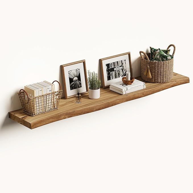 Vivelove Live Edge Floating Shelves Solid Wood, Elm Shelves for Wall with Invisible Bracket for Living Room Bedroom Bathroom Office Book, Rustic Farmhouse Wooden Shelf, 48 Inch Set of 1- Natural
