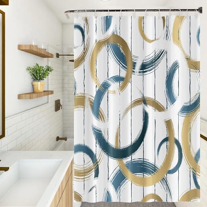 Abstract Geometric Shower Curtains Blue Brown Circle Round Pattern Polyester Fabric Bath Curtains Waterproof for Modern Bathroom Decor Set with Hooks, 60W x 72H Inch