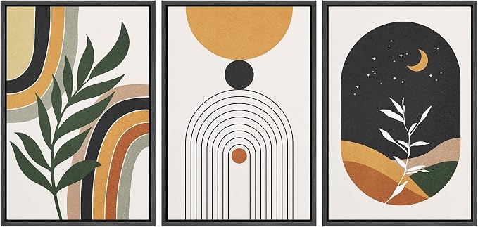 wall26 Framed Canvas Print Wall Art Set Boho Mid-Century Crescent Moon Plant Landscape Nature Abstract Illustrations Modern Art Bohemian Decorative for Living Room, Bedroom, Office - 24"x36"x3 Black