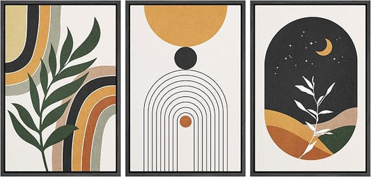 wall26 Framed Canvas Print Wall Art Set Boho Mid-Century Crescent Moon Plant Landscape Nature Abstract Illustrations Modern Art Bohemian Decorative for Living Room, Bedroom, Office - 24"x36"x3 Black