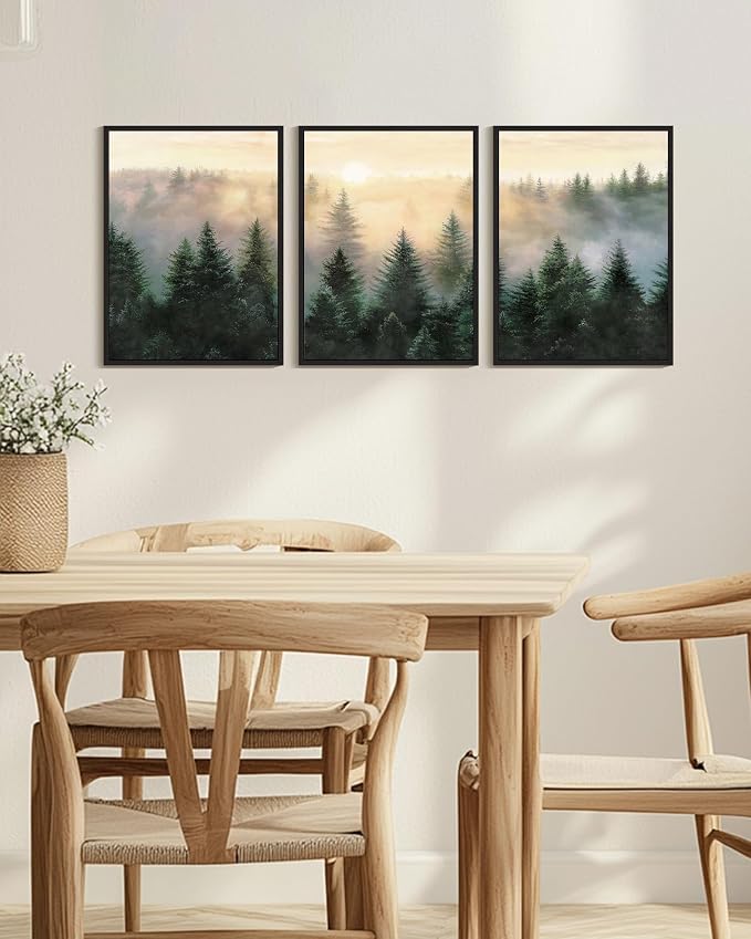 KUVIOKE Sun Dawn Fog Pine Tree Framed Wall Art Morden Nature Nordic Forests Artwork Bedroom Decor 12x16in (Black Framed)