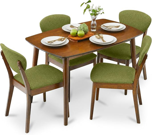 Best Choice Products 5-Piece Dining Set, Compact Mid-Century Modern Table & Chair Set for Home, Apartment w/ 4 Chairs, Padded Seats & Backrests, Wooden Frame - Walnut/Olive Green