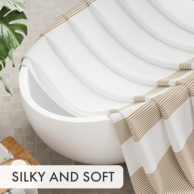 AmazerBath Shower Curtain, 72x72 Washable Cloth Neutral Light Tan Shower Curtain with 12 Hooks, Fabric Khaki and White Striped Set, Farmhouse Bathroom Shower Curtain