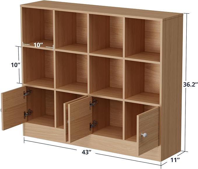 Cozy Castle Oak Wood Bookcase, 12 Cube Display Shelf with 4 Doors, 3 Tier Open Bookshelf with Adjustable Shelves for Living Room, Home Office, Entryway