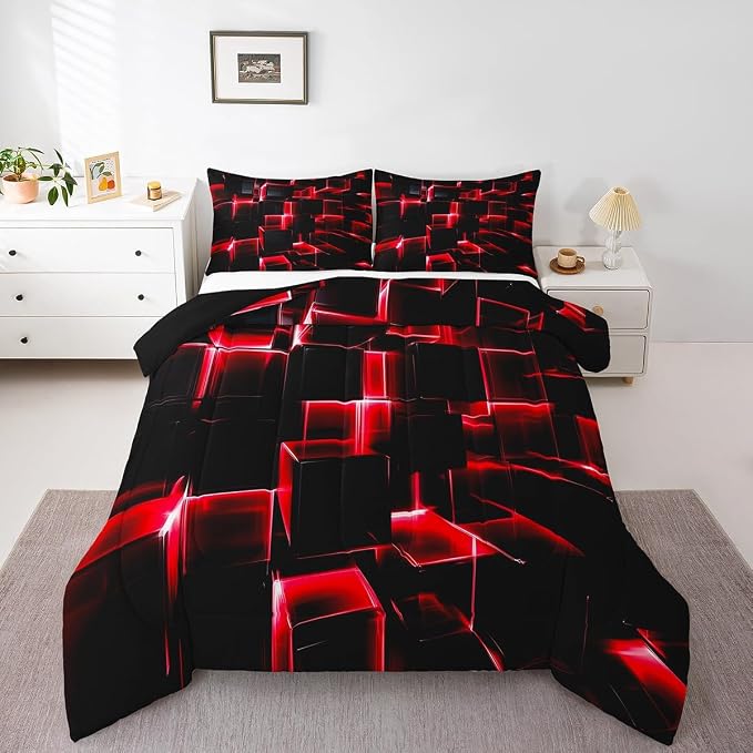 Erosebridal Red and Black Geometric Comforter Set King Size Modern 3D Stereoscopic Square Bedding Sets, Gradient Neon Honeycomb Duvet Set 3 Pieces Soft Microfiber Quilt for All Season