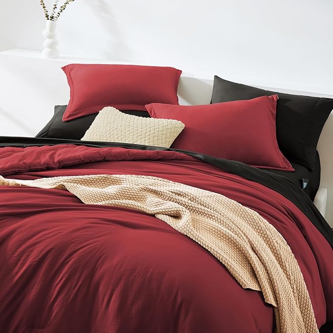 WRENSONGE Queen Comforter Set- 7 Pieces Soft Bright Red Bed in a Bag with Fitted Sheet, Flat Sheet, 2 Pillow Shams, and 2 Pillowcases- Warm Bedding Sets Queen for All Season