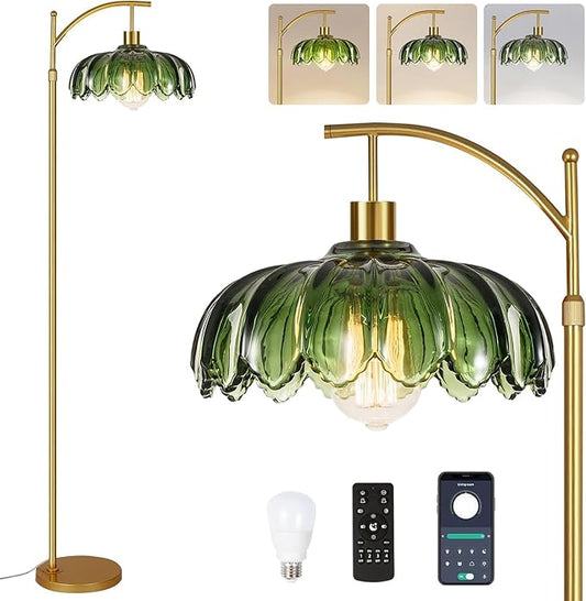 Floor Lamp for Living Room,Bedroom,Mid Century Modern Standing Lamp with Remote,Dimmable Gold Tall Lamp Glass Green Vintage Retro Arc Flower Floor Light Boho Bohemian