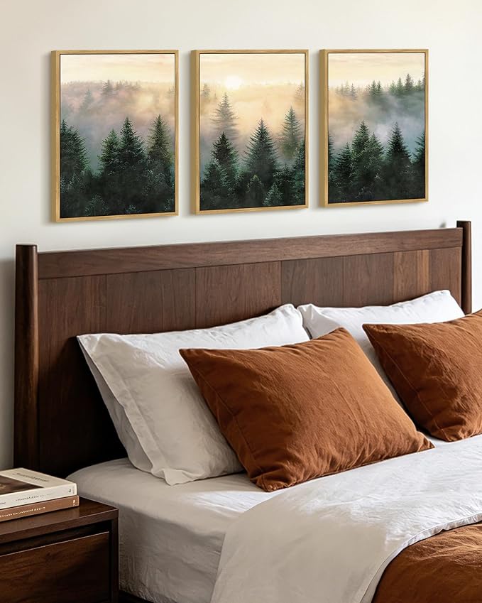 KUVIOKE Sun Dawn Fog Pine Tree Framed Wall Art Morden Nature Nordic Forests Artwork Bedroom Decor 12x16in (Natural Framed)