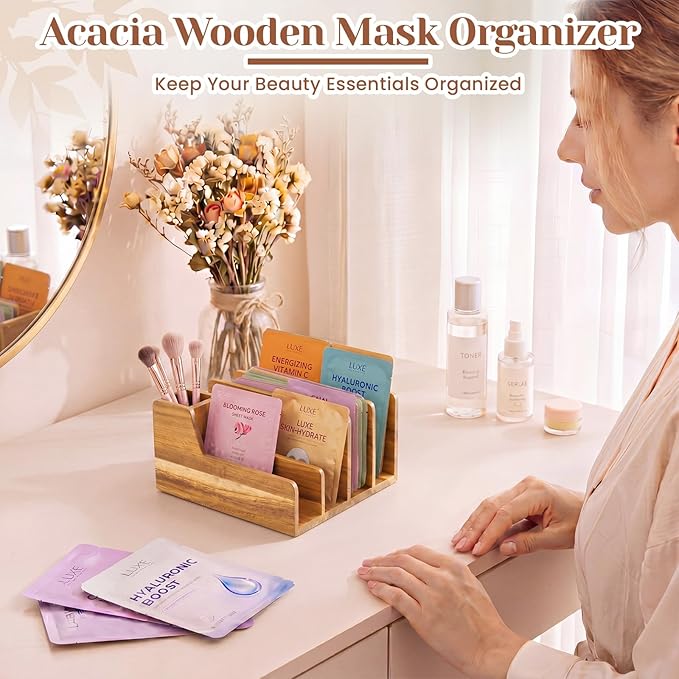 Novabright Acacia Wood Mail Organizer with Pen Holder, 5 Slot Desk File Organizer, Wooden Letter Sorter for Desk, Compact Desktop Document Holder for Home Office Storage