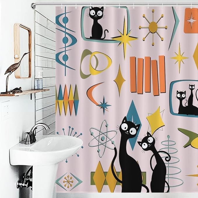 Mid Century Shower Curtains Black Cat Atomic Age Space Pink Pattern Duty Fabric Shower Curtain Set Bathroom Polyester Waterproof with 12 Hooks, 66x72Inch（168x183cm）