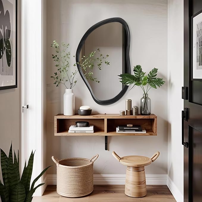 35"x24" Wood Bathroom Mirror Wall Mounted, Black Irregular Wall Mirror, Rustic Farmhouse Vanity Mirror for Bedroom Living Room Bathroom Entryway, Horizontal/Vertical