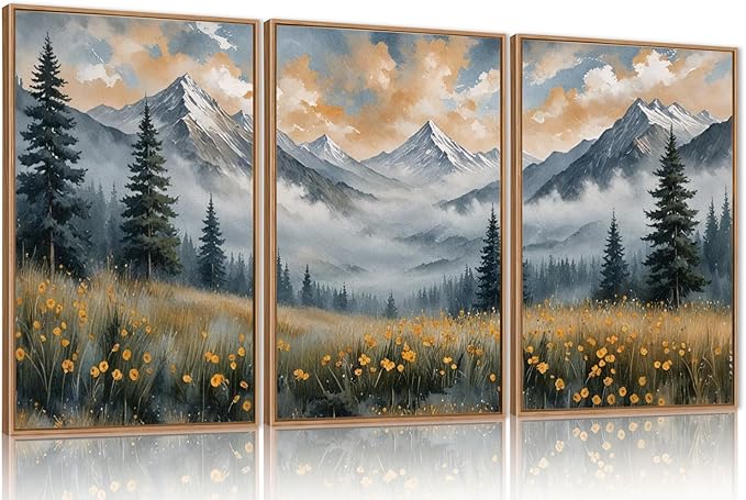 FWIEXA Misty Mountain Framed Canvas Wall Art Set, Foggy Forest Modern Wall Decor, Nature Wildflower Grassland Artwork, Woodland Landscape Scenery Prints for Living Room, Office - Size 16"x24"x3